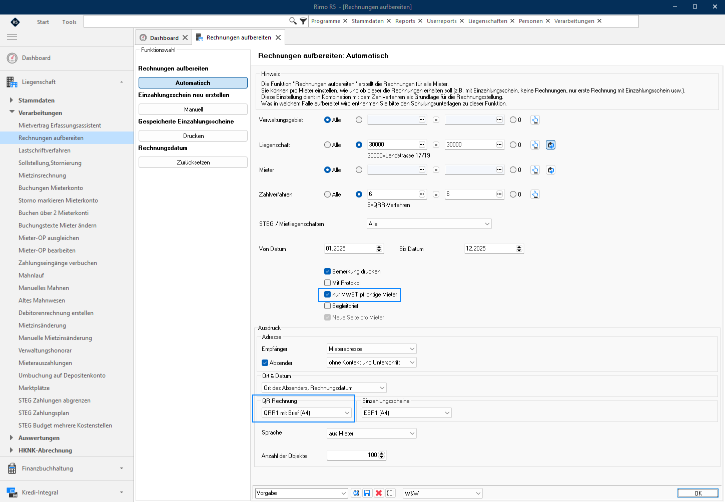 Screenshot: Verarbeitung «Rechnungen aufbereiten – Automatisch» mit Einstellung QRR1 mit Brief (A4)