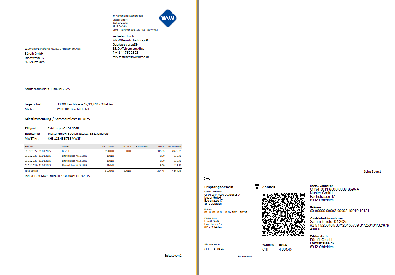 Screenshot: Aufbereitete MWST-konforme Mietzinsrechnung mit Zahlteil
