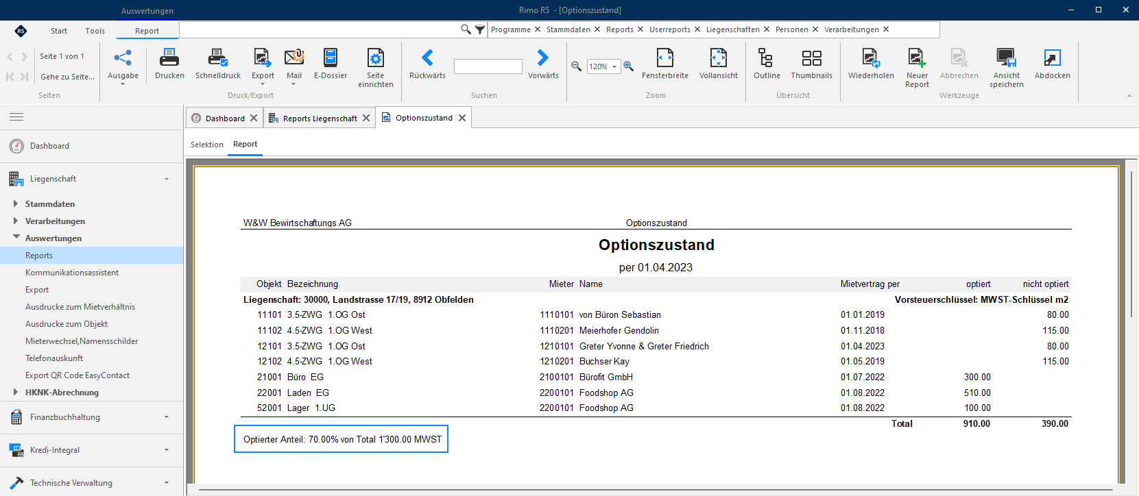 Screenshot: Report «Optionszustand» für eine optierte Mietliegenschaft