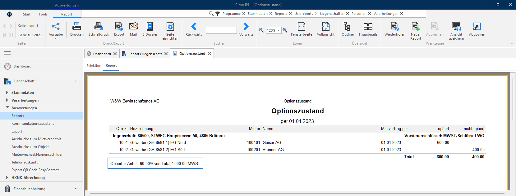 Screenshot: Report «Optionszustand» für eine optierte Stockwerkeigentümergemeinschaft