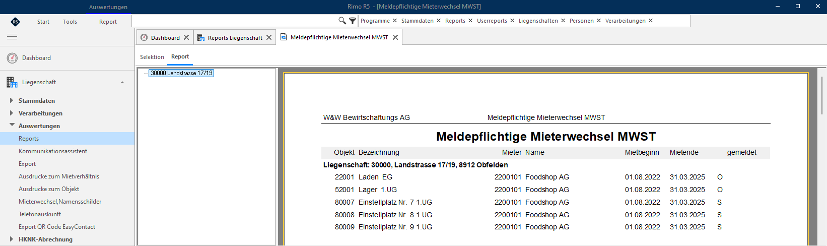 Screenshot: Report «Meldepflichtige Mieterwechsel MWST» mit Selektionskriterien