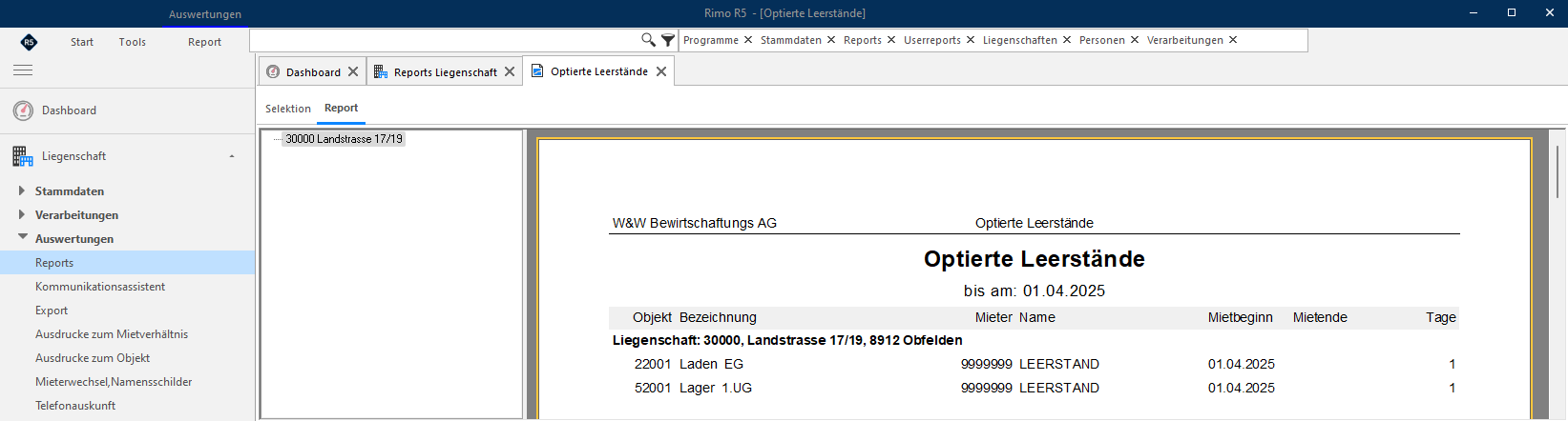 Screenshot: Auswertung der optierten Leerstände einer Liegenschaft