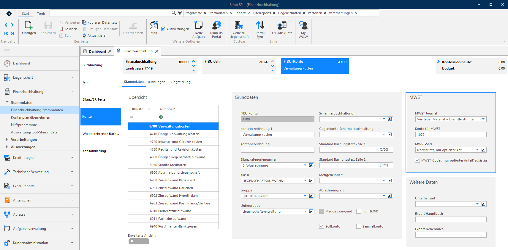 Screenshot: Konto-Stammdaten mit MWST-Journal, Konto für MWST, MWST-Satz und Flag für den optierten Anteil