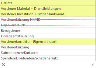 Screenshot: Auswahlliste der MWST-Journale mit Kennzeichnung der relevanten Journale