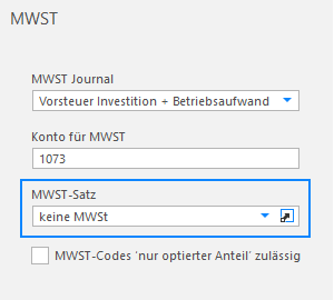 Screenshot: MWST-Einstellung eines Aufwandkontos ohne zulässigen Vorsteuerabzug