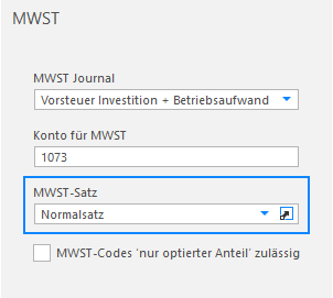 Screenshot: MWST-Einstellung eines Aufwandkontos mit Normalsatz und Vorsteuerabzug