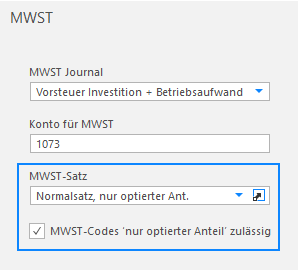 Screenshot: MWST-Einstellung eines Vorsteuerkontos mit zulässigem MWST-Code «nur optierter Anteil»