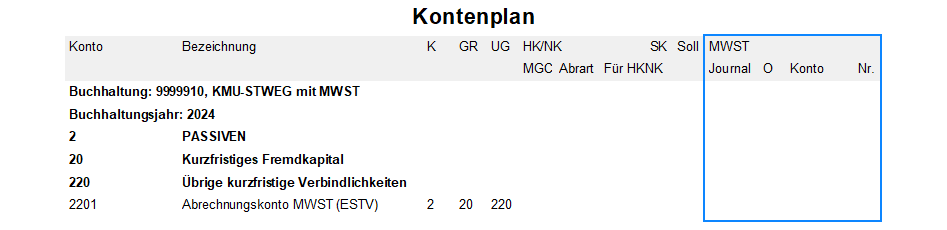 Screenshot: Konto-Stammdaten des Abrechnungskontos MWST ohne MWST-Informationen