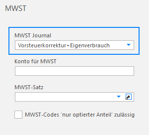 Screenshot: Konto-Stammdaten für Vorsteuerkorrektur und Eigenverbrauch