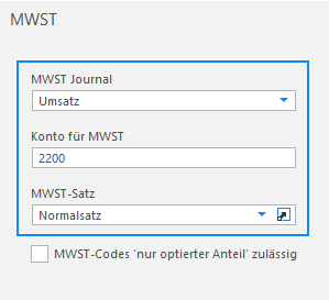 Screenshot: MWST-Einstellung eines Ertragskontos mit Umsatzjournal, MWST-Konto und Normalsatz