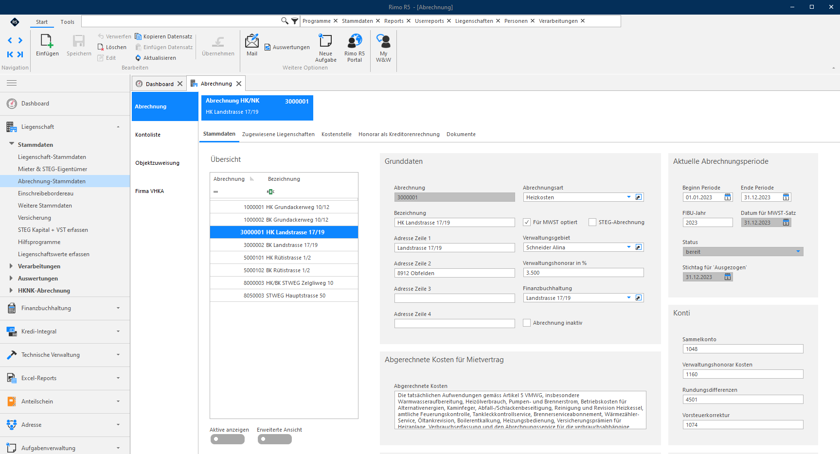 Screenshot: Abrechnung-Stammdaten einer für MWST optierten Mietliegenschaft