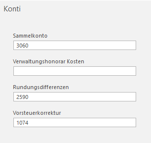 Screenshot: Konti mit Sammelkonto, Verwaltungshonorar, Rundungsdifferenzen und Vorsteuerkorrektur für eine STEG