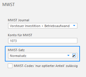 Screenshot: MWST-Einstellungen des Kontos Einkauf Heizmaterial mit Normalsatz