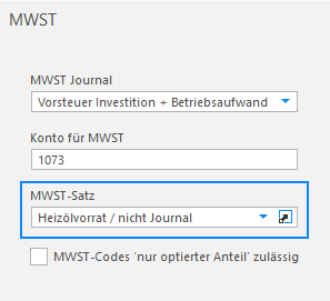 Screenshot: MWST-Einstellungen des Kontos Vorrat Ende mit Satz Heizölvorrat / nicht Journal