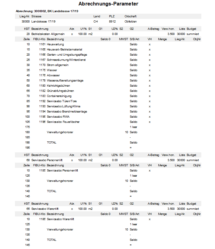 Screenshot: Fortsetzung des Reports Abrechnungs-Parameter für eine Mietliegenschaft