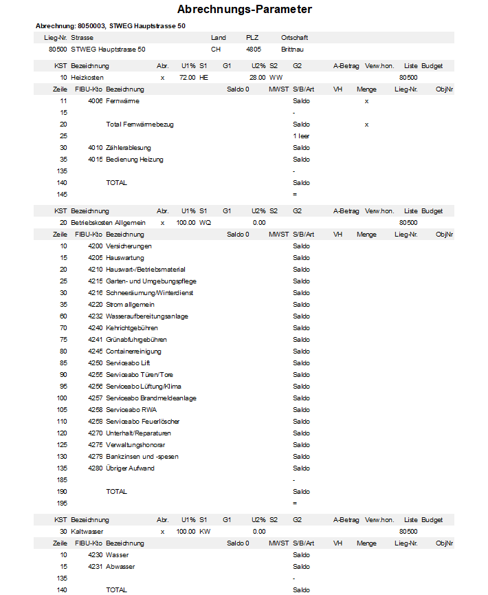 Screenshot: Abrechnungs-Parameter einer optierten Stockwerkeigentümergemeinschaft