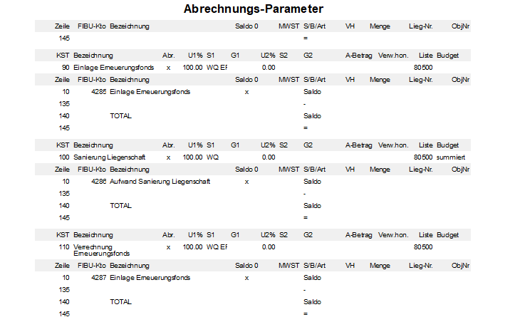 Screenshot: Fortsetzung des Reports Abrechnungs-Parameter für eine Stockwerkeigentümergemeinschaft