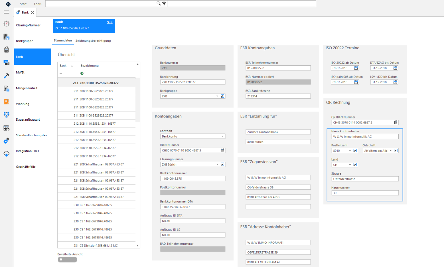 Screenshot: Bank-Stammdaten zur Erfassung von Banknummer, Bezeichnung, Bankgruppe und Kontoart