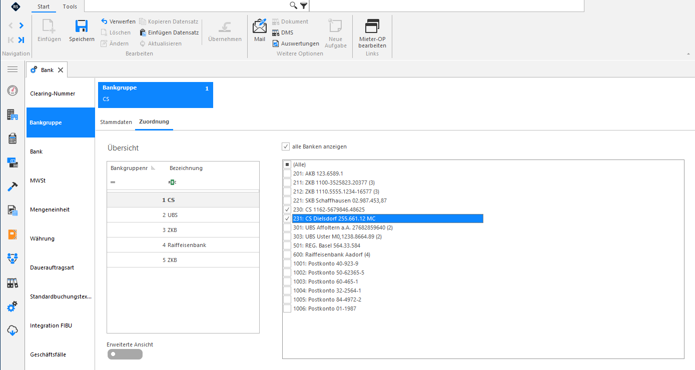 Screenshot: Register «Zuordnung» einer Bankgruppe mit Liste der zugeordneten Banken