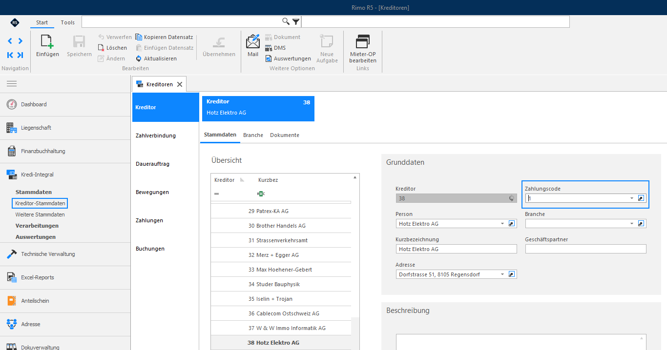 Screenshot: Kreditor-Stammdaten mit Auswahlfeld für den Zahlungscode