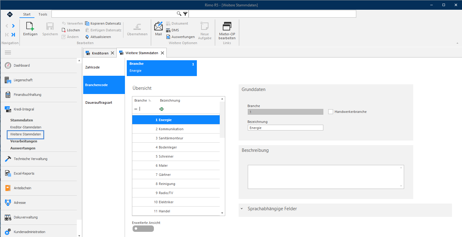 Screenshot: Branchencode-Stammdaten mit Bezeichnung und Flag für die Handwerkerbranche