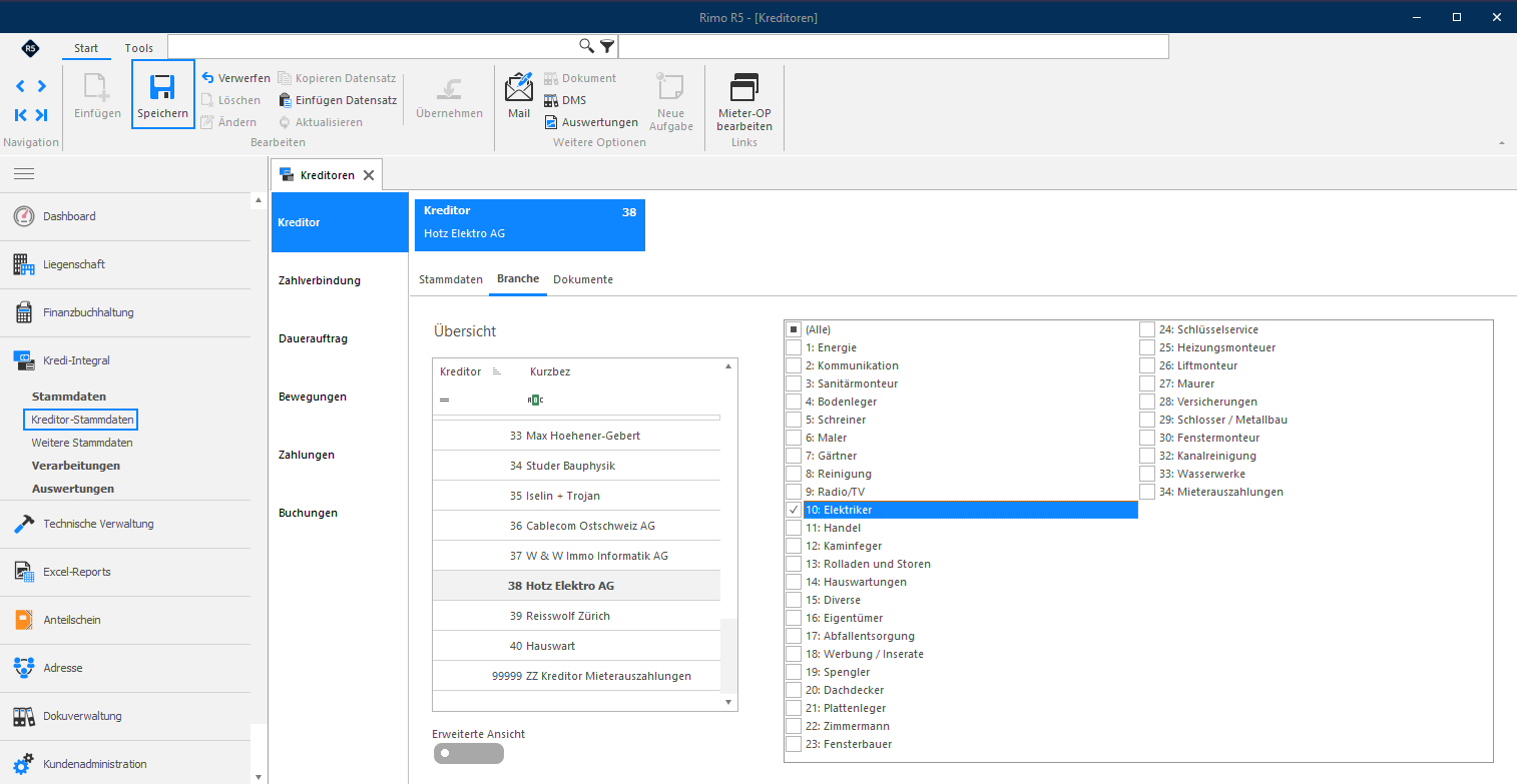 Screenshot: Register «Branche» in den Kreditor-Stammdaten mit Liste der verfügbaren Branchencodes