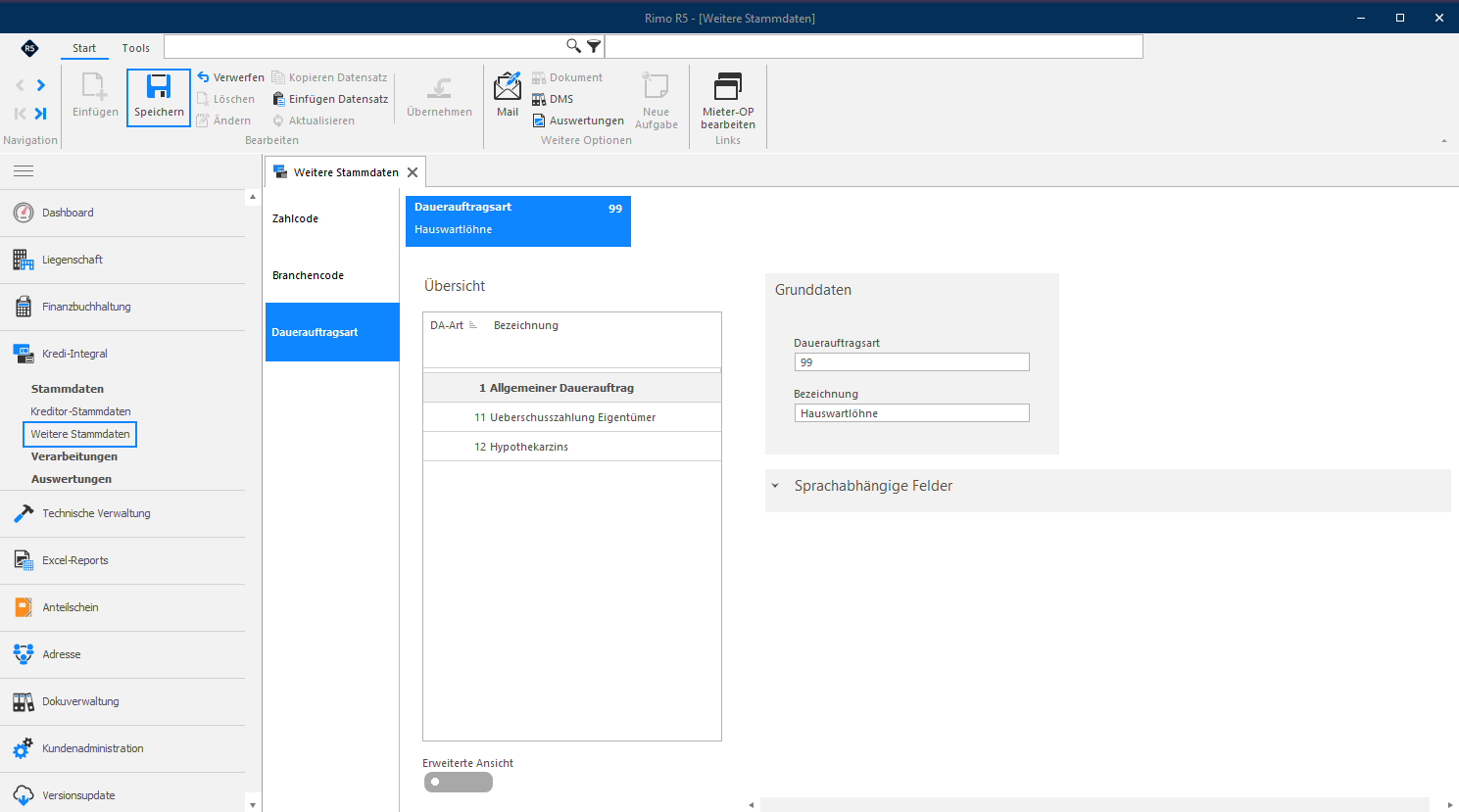 Screenshot: Stammdaten einer Dauerauftragsart mit Code und Bezeichnung