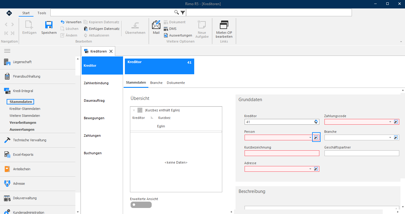 Screenshot: Kreditor-Stammdaten zum Erfassen eines neuen Kreditors