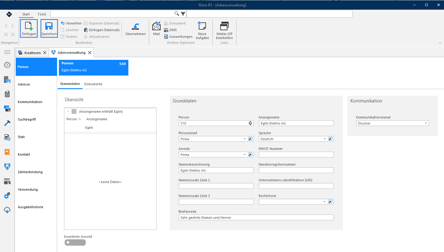 Screenshot: Personen-Stammdaten zum Erfassen eines neuen Kreditors