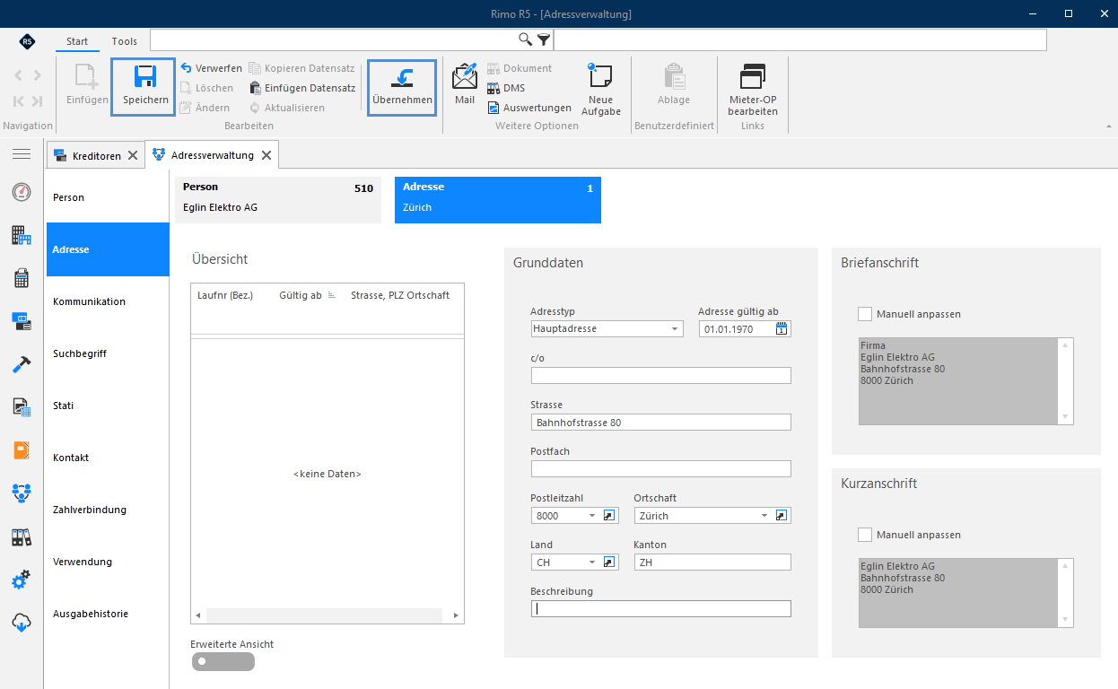 Screenshot: Adressregister mit den Angaben zur Person des Kreditors