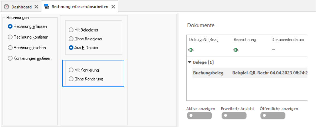 Screenshot: Auswahl aus E-Dossier für die Rechnungserfassung mit oder ohne Kontierung