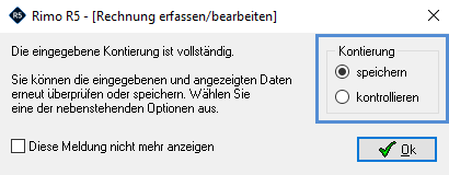 Screenshot: Dialogfeld Speichern oder Kontrollieren nach der Rechnungskontierung