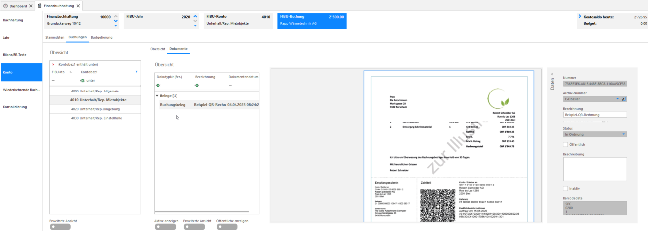 Screenshot: Rechnungserfassung mit verknüpftem Dokument und QR-Rechnung