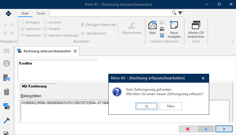 Screenshot: Meldung Kein Zahlungsweg gefunden beim Einlesen einer Rechnung