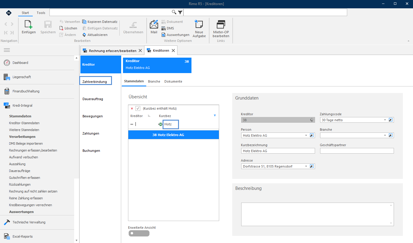 Screenshot: Kreditor-Stammdaten mit Register Zahlverbindung zum Einfügen eines Zahlungswegs