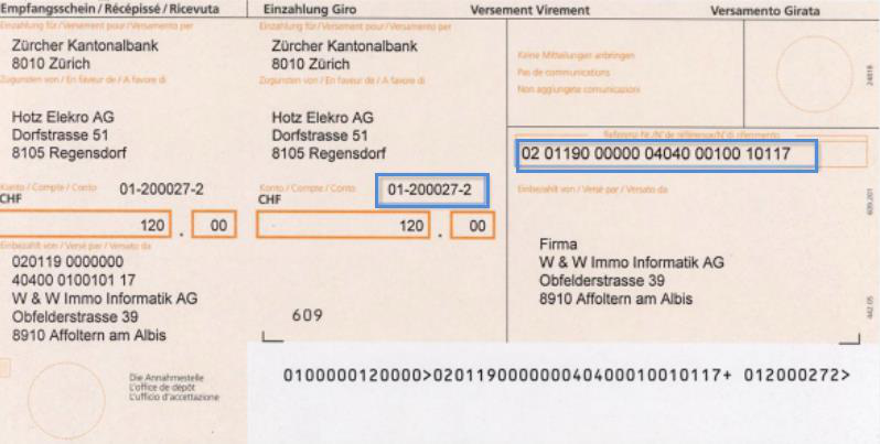 Screenshot: Einzahlungsschein mit markierten Angaben für die ESR-Zahlverbindung