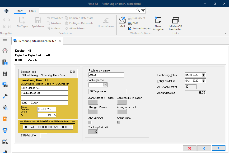 Screenshot: Rechnungserfassung mit Feld Anzahl Zeichen Bankreferenz bei der ESR-Zahlverbindung
