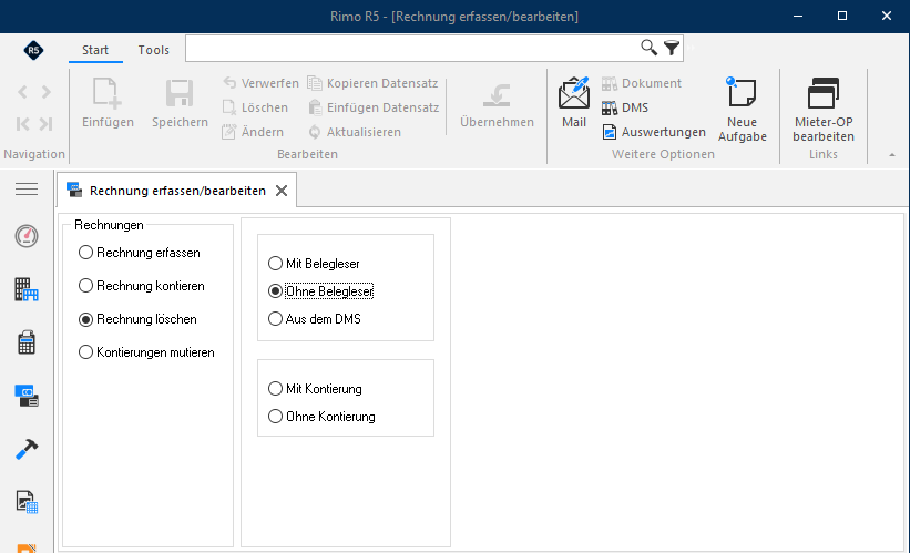 Screenshot: Auswahl Rechnung löschen in Rechnung erfassen bearbeiten