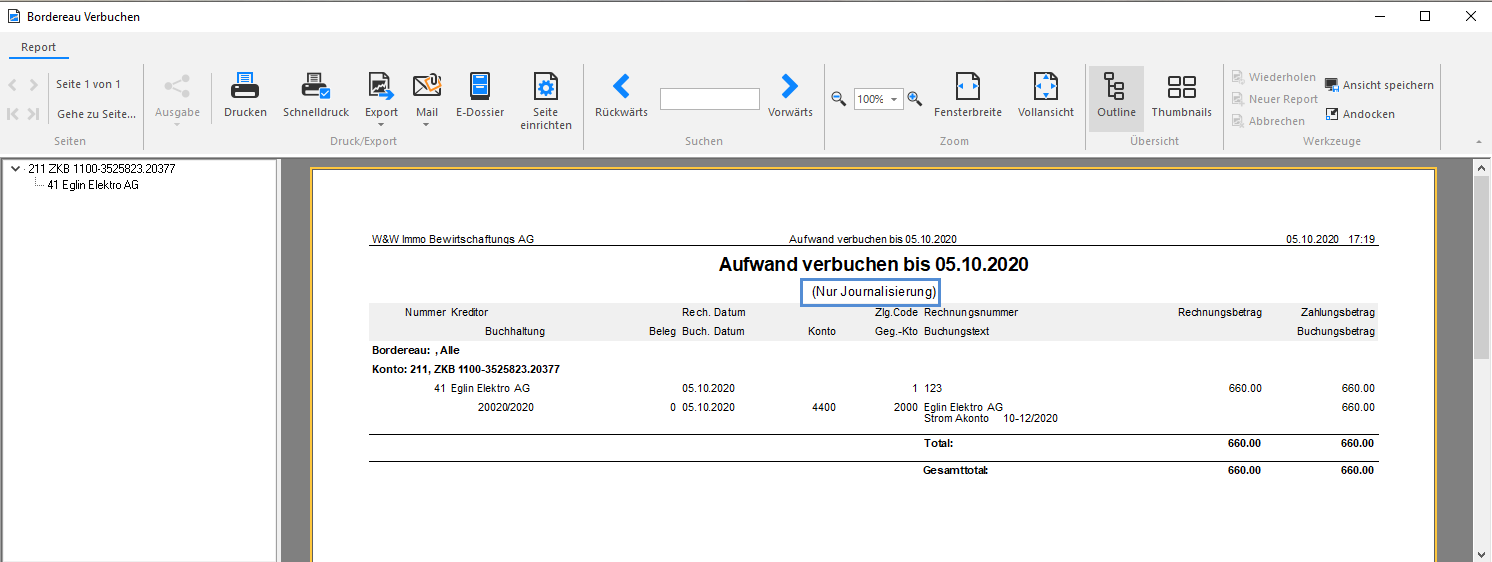 Screenshot: Journal Aufwand verbuchen nach der Verbuchung der ausgewählten Rechnung