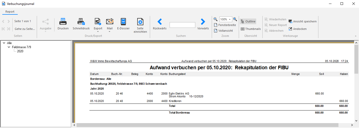 Screenshot: Rekapitulation pro FIBU im Journal Aufwand verbuchen