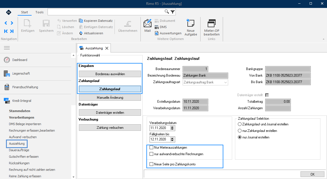 Screenshot: Zahlungslauf mit Eingaben zu Verarbeitungsdatum, Fälligkeiten und Zahlungsselektion