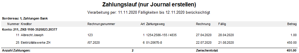 Screenshot: Kontrolljournal für den Zahlungslauf mit den ausgewählten Rechnungen