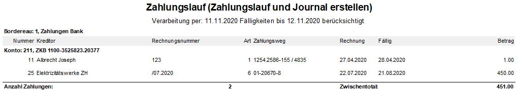 Screenshot: Zahlungslaufjournal nach definitiver Erstellung des Zahlungslaufs