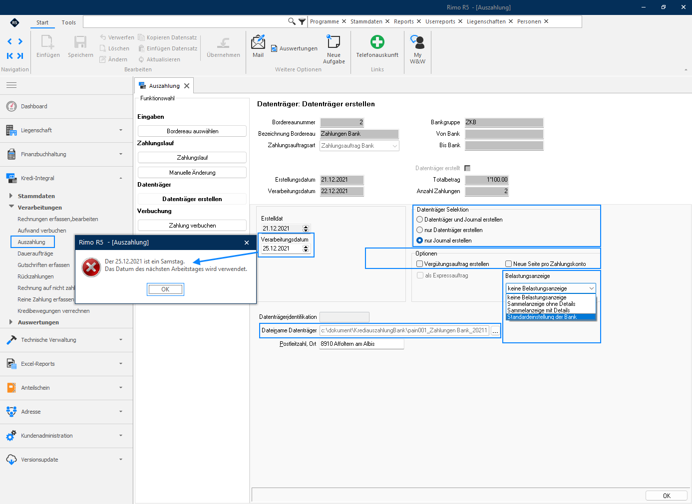 Screenshot: Eingabemaske Datenträger erstellen mit Auswahl für Journal, Datenträgerdatei und Belastungsanzeige