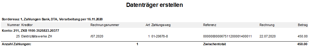 Screenshot: Datenträgerjournal mit den für die Auszahlung enthaltenen Zahlungen