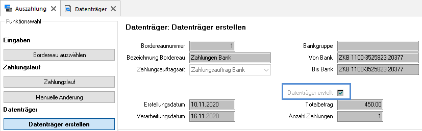 Screenshot: Datenträgerbereich eines Bordereaus mit gesetztem Flag Datenträger erstellt