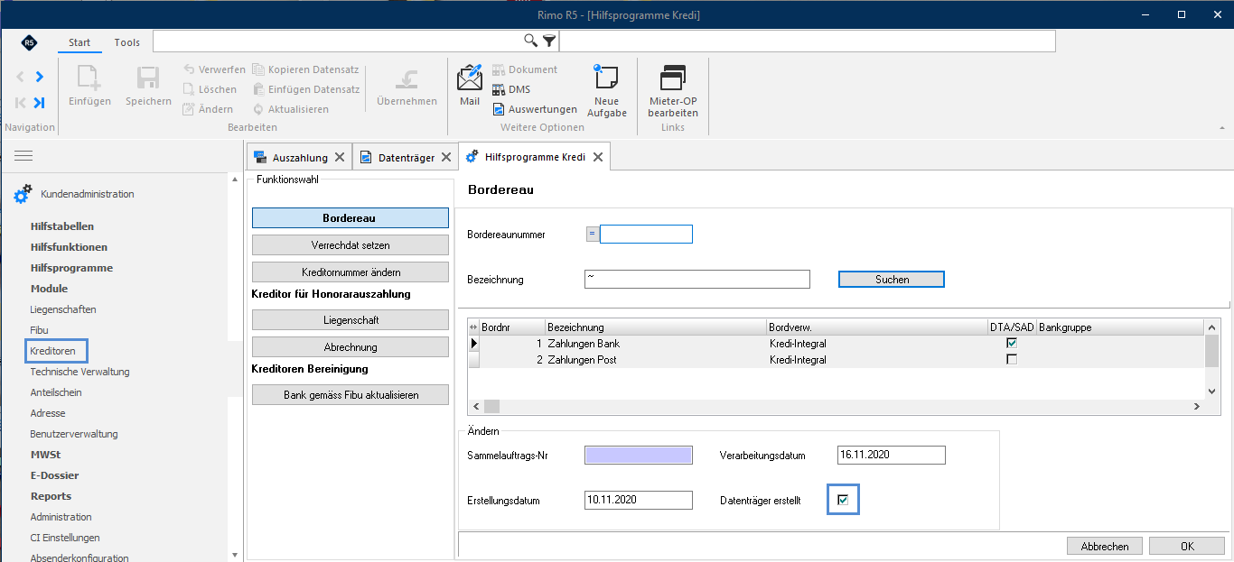 Screenshot: Kundenadministration zur Suche und Bearbeitung eines Bordereaus mit Datenträger-Flag