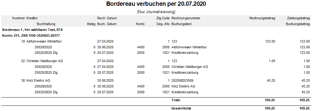 Screenshot: Bordereaujournal für die Verbuchung der Zahlungen
