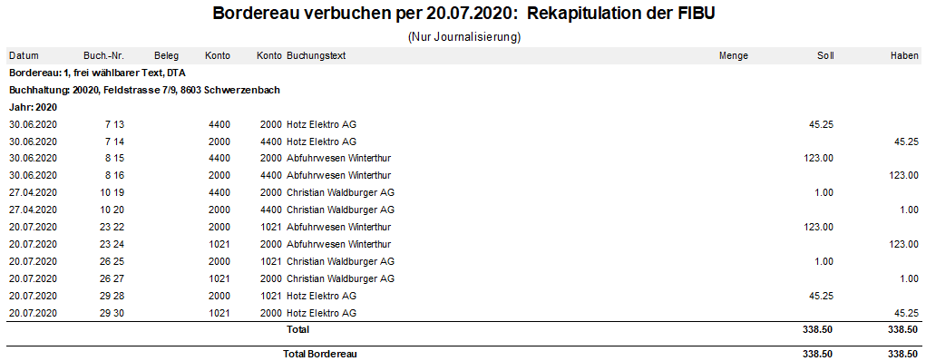 Screenshot: Rekapitulation der FIBU-Buchungen beim Verbuchen eines Bordereaus