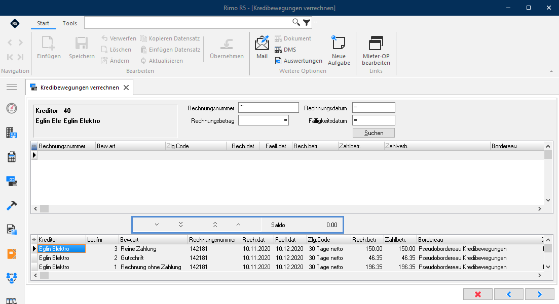 Screenshot: Verrechnung von Kredibewegungen mit oberem Bewegungsfenster und unterem Verrechnungsfenster